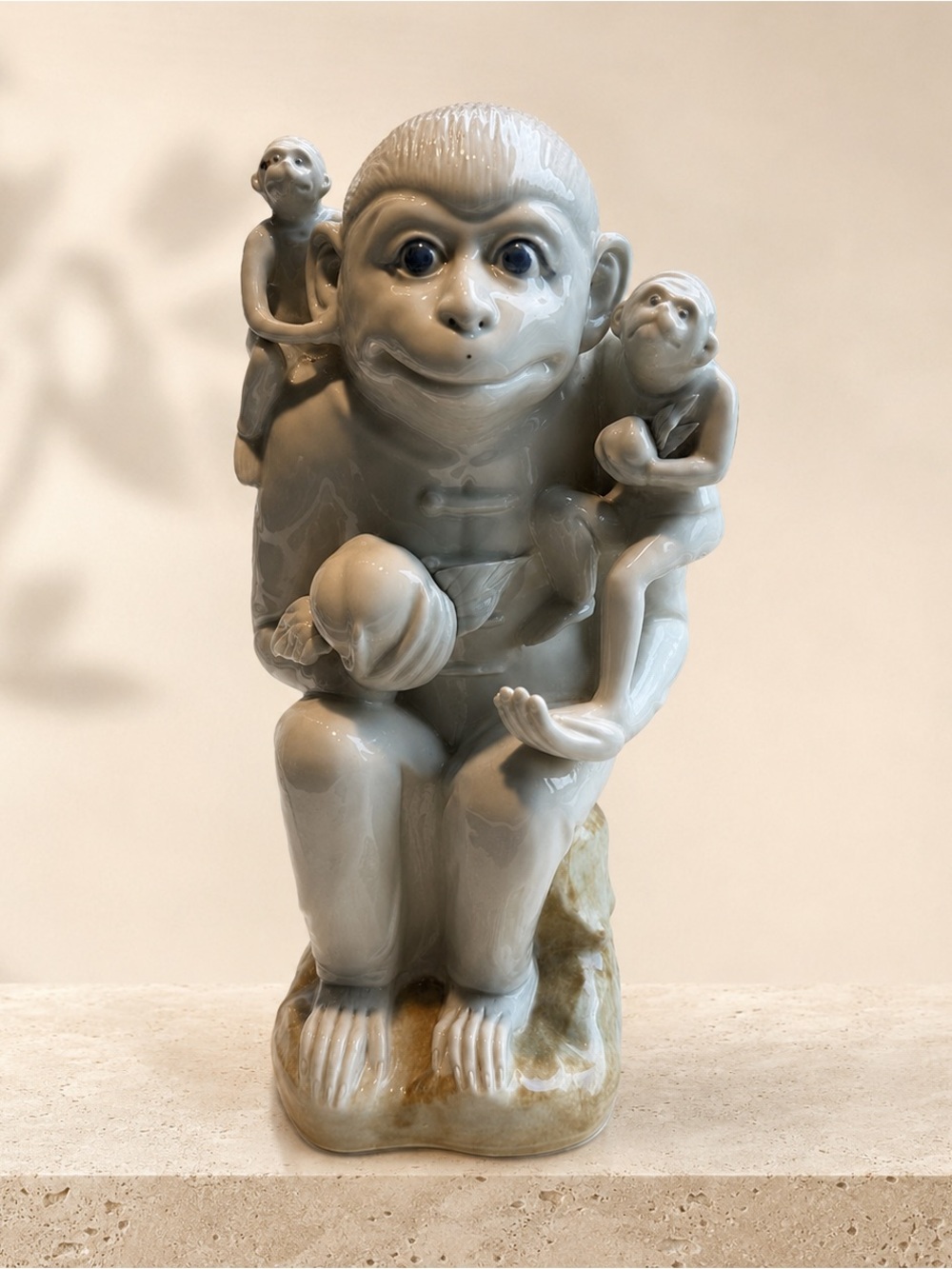 Vintage Chinese White Porcelain Monkey Family Peach Sculptures Pair